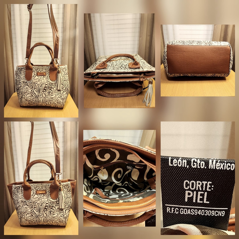 Brown Off White Zippered Floral Embossed Tooled Artisanal LEATHER Bag Purse - Picture 15 of 15